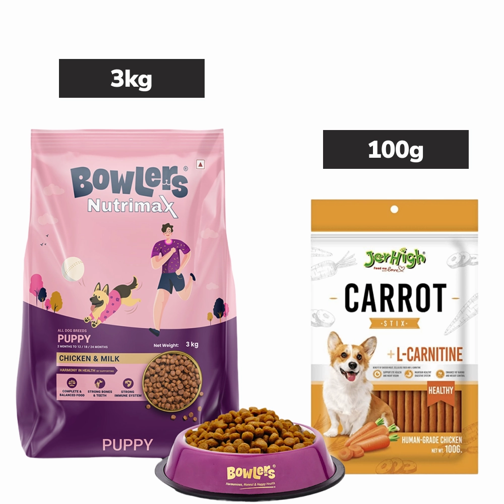 Bowlers Chicken & Milk Nutrimax Puppy Dog Dry Food and JerHigh Carrot Sticks Dog Treats Combo
