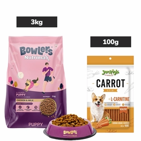 Bowlers Chicken & Milk Nutrimax Puppy Dog Dry Food and JerHigh Carrot Sticks Dog Treats Combo