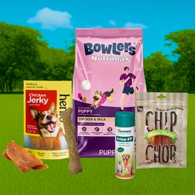 Bowlers Food, Henlo & Chip Chops Treats, Himalaya Tick Powder, Petstages Chew Stick Limited Puppy Hamper