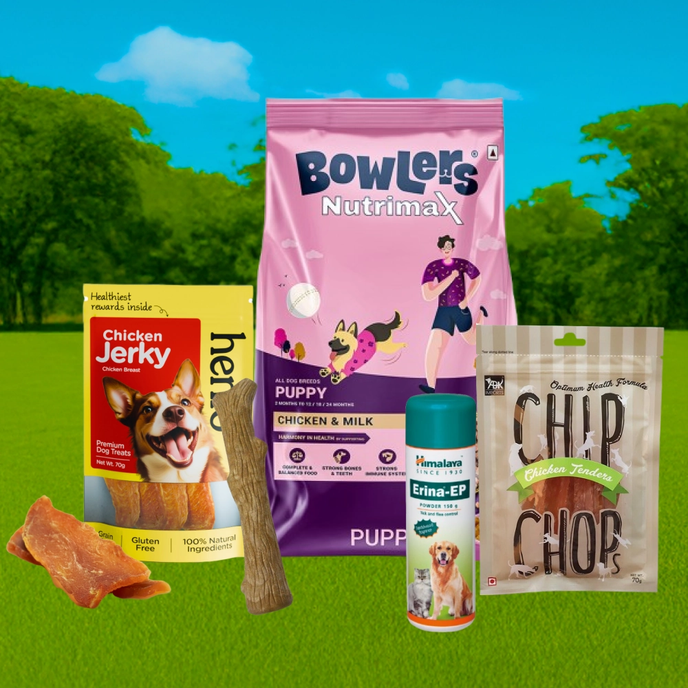 Bowlers Food, Henlo & Chip Chops Treats, Himalaya Tick Powder, Petstages Chew Stick Limited Puppy Hamper