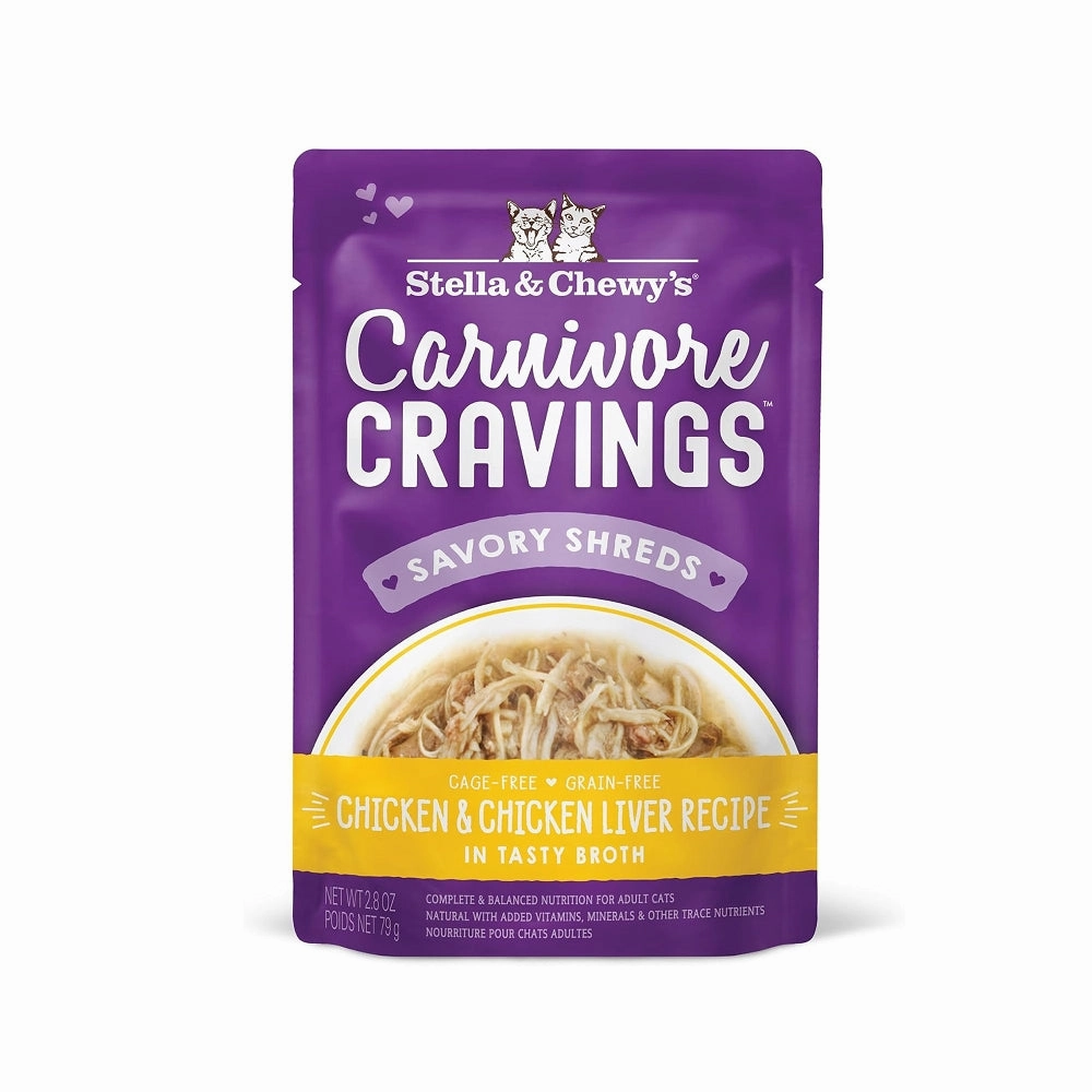 Carnivore Cravings  Chicken & Chicken Liver 100% Complete Balance Diet Recipe In Tasty Broth (Savory Shreds) Cat Pouch