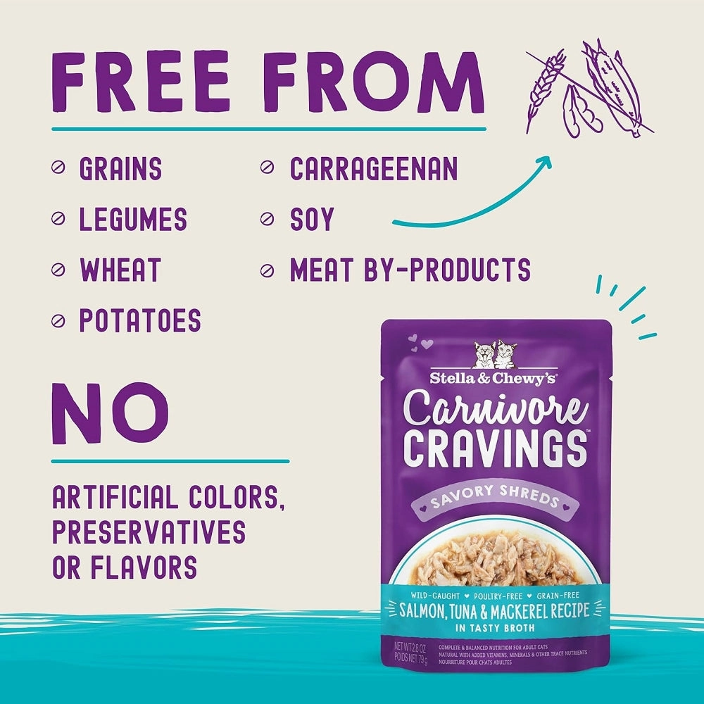 Carnivore Cravings  Salmon, Tuna & Mackerel 100% Complete Balance Diet Recipe In Tasty Broth (Savory Shreds) Cat Pouch