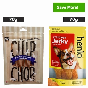Chip Chops Chicken and Codfish Sandwich and Henlo Chicken Jerky Dog Treats Combo