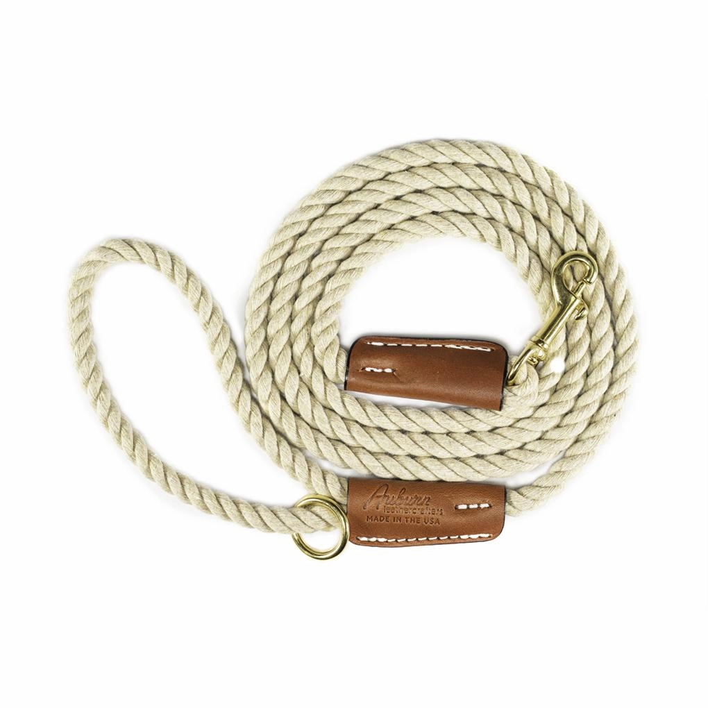 Cotton Rope 1/2" Dog Leash Tan With Leather Accents