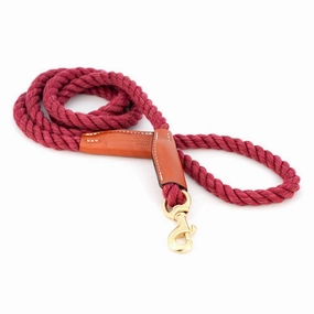 Cotton Rope 3/8" Dog Leash Maroon With Leather Accents