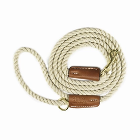 Cotton Rope 5/8" Dog Leash Tan With Leather Accents