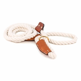 Cotton Rope Slip Dog Leash White With Leather Accents