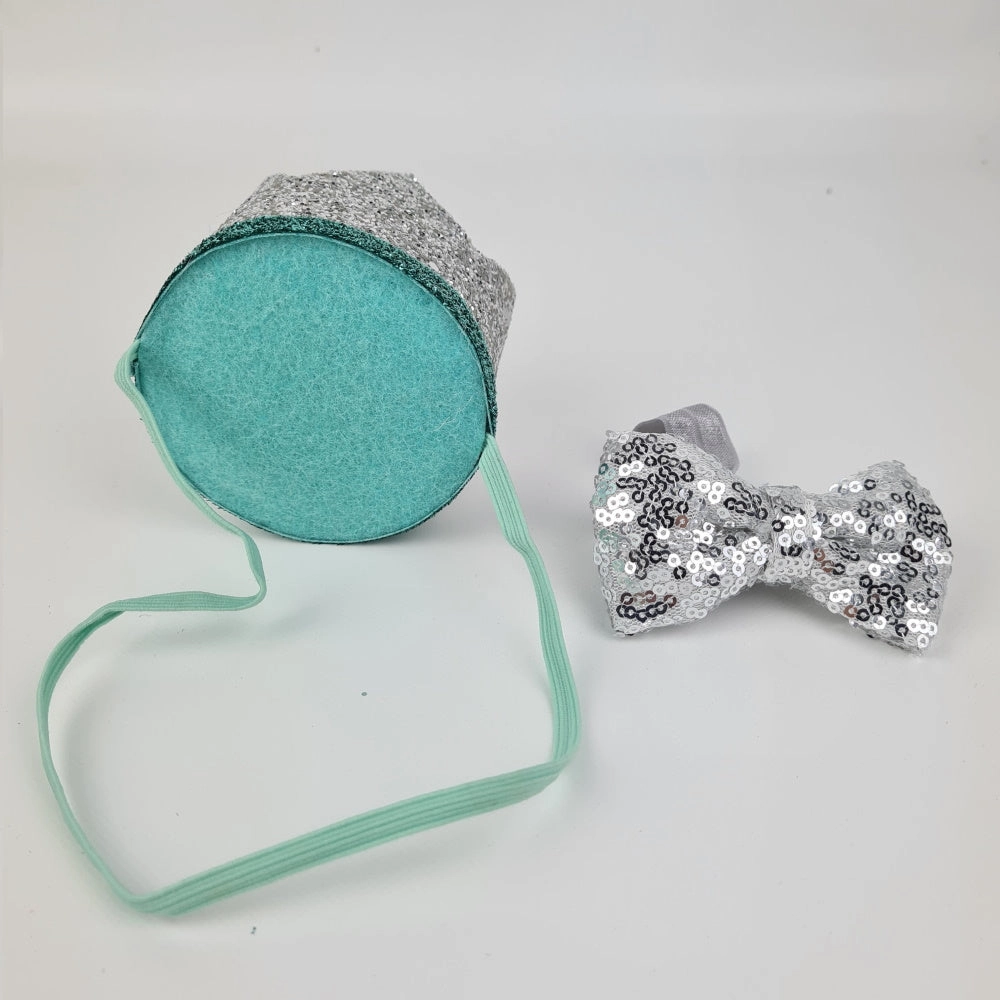 Dog Birthday Crown & Bow Tie Collar - Silver & Aqua