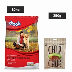 Drools Optimum Performance Adult Dog Dry Food and Chip Chops Chicken Tenders Dog Treats Combo