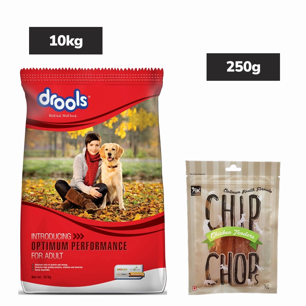 Drools Optimum Performance Adult Dog Dry Food and Chip Chops Chicken Tenders Dog Treats Combo