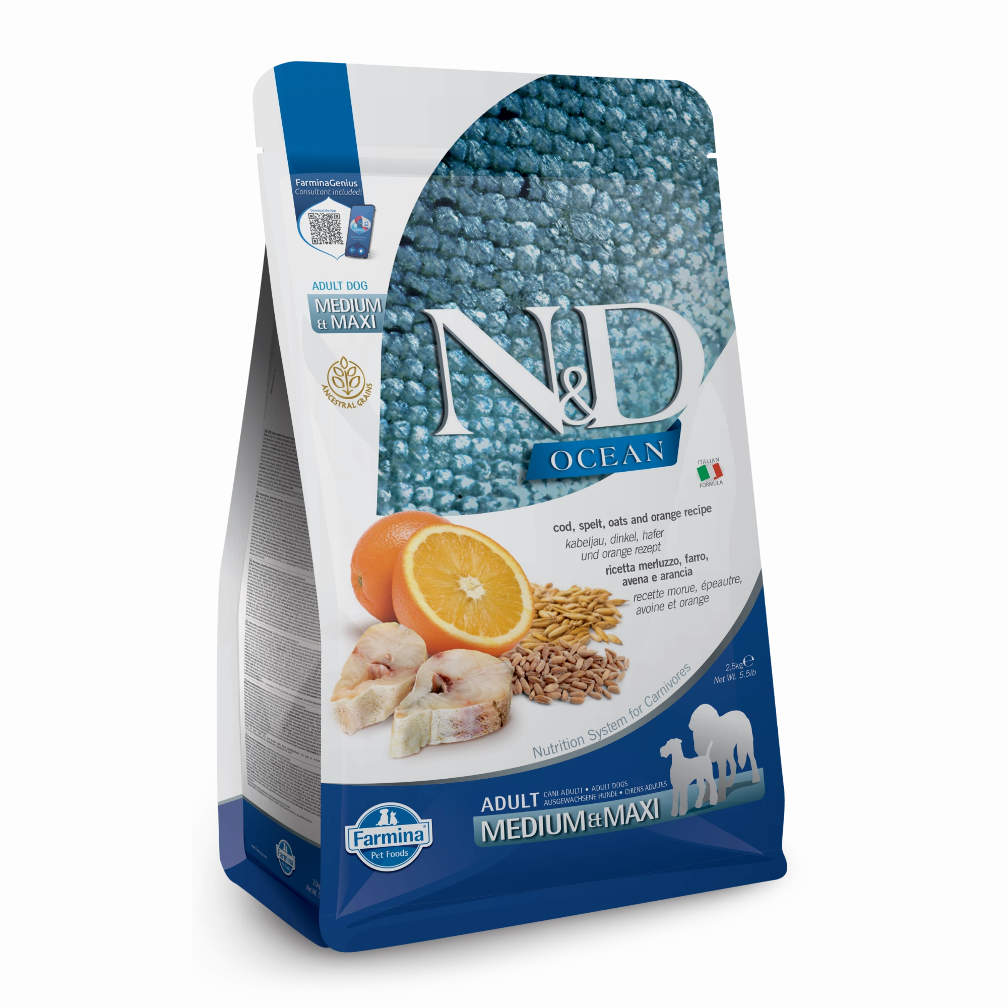 Farmina N&D Ocean Ancestral Grain Cod, Spelt, Oats & Orange Medium & Maxi Adult Dry Dog Food
