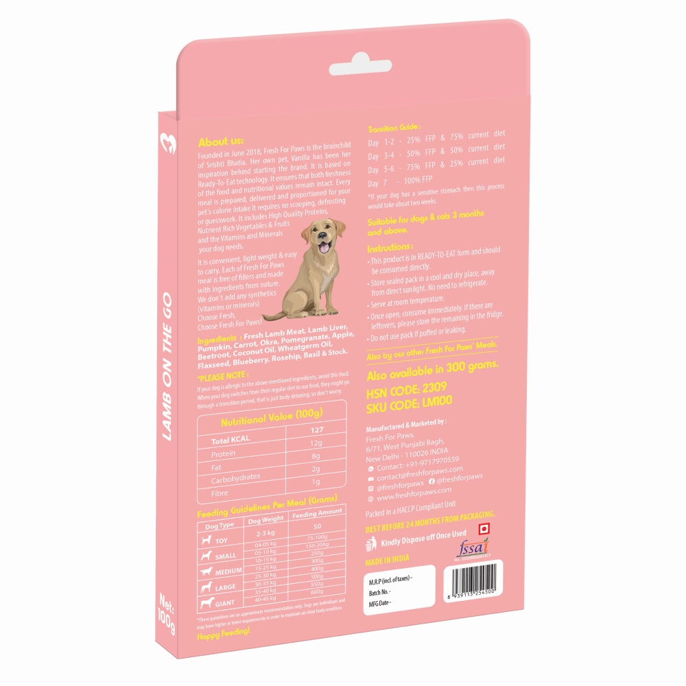 Fresh For Paws Lamb On The Go Dog Wet Food (100g)