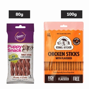 Gnawlers Puppy Snack Lamb Twist Stick, Kennel Kitchen Chicken Flaxseed Stick Dog Treats Combo