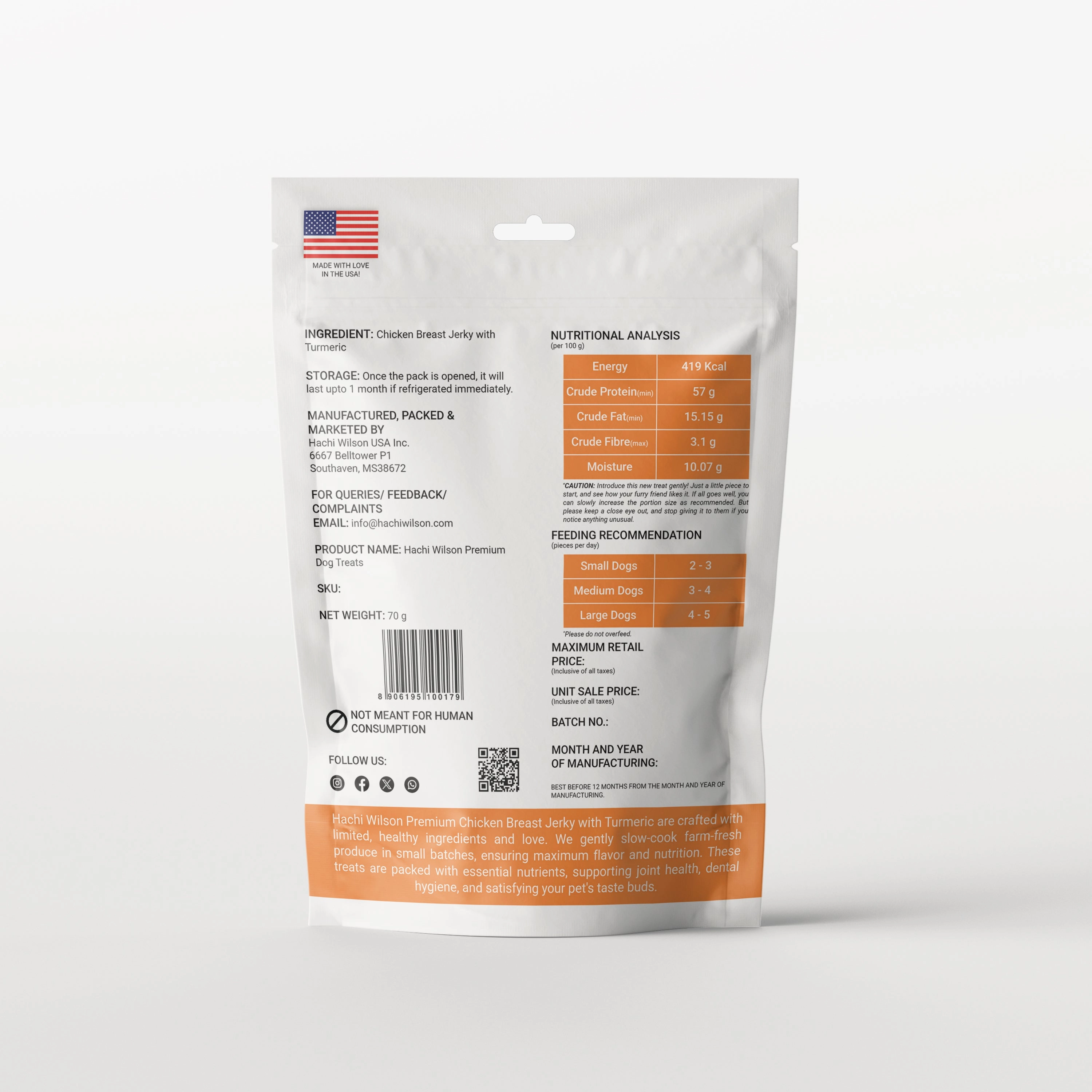 Hachi Wilson Premium Chicken Breast with Turmeric Jerky Dog Treat