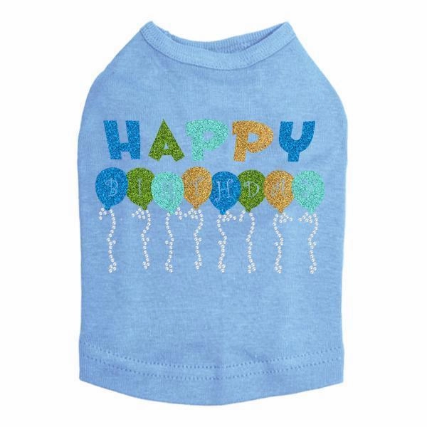 Happy Birthday Balloons Blue Rhinestone Dog Tank