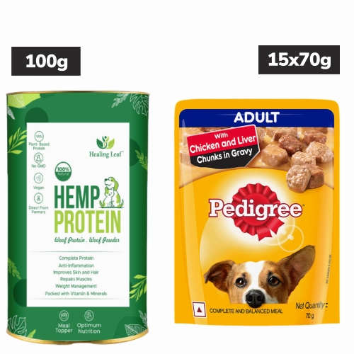 Healing Leaf Hemp Protein Powder and Pedigree Chicken and Liver Chunks in Gravy Adult Wet Food Combo for Dogs