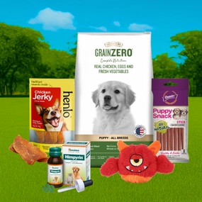 Henlo & Gnawlers Treats, Himpyrin Drops, Signature Puppy Food & Basil Plush Squeaky Toy Limited Dog Hamper