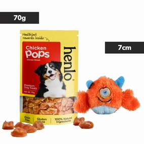 Henlo Chicken Pops High Protein Treats & Basil Orange Plush Monster Squeaky Ball Toy Dog Combo