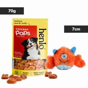 Henlo Chicken Pops High Protein Treats & Basil Orange Plush Monster Squeaky Ball Toy Dog Combo