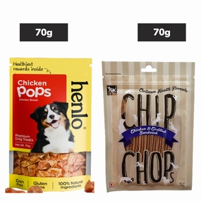 Henlo Chicken Pops High Protein Treats, Chip Chops Chicken Codfish Sandwich Dogs Treat Combo