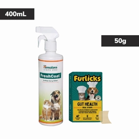Himalaya Fresh Coat No Rinse Spray & Furlicks Gut Health Supplement Dog & Cat Combo