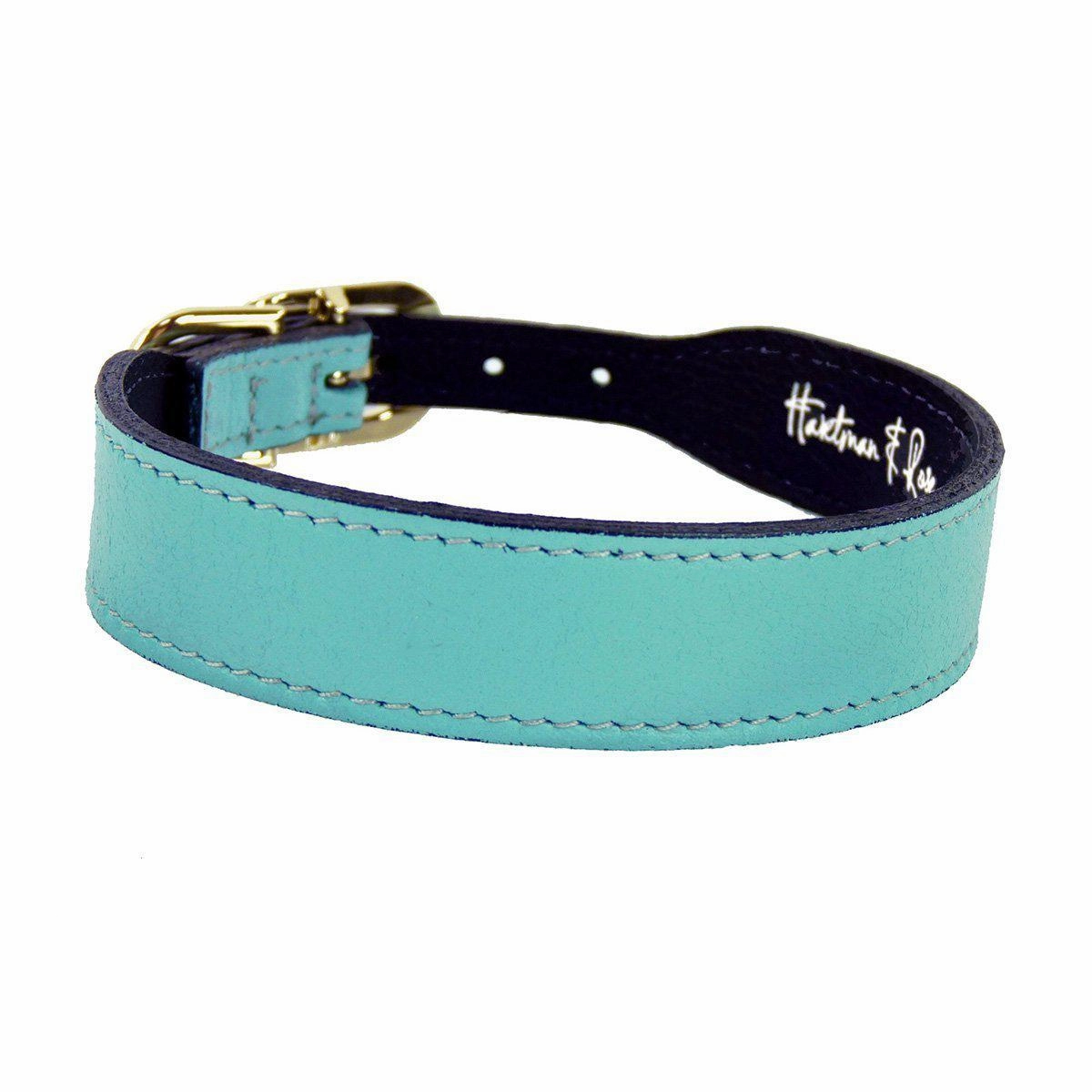 Italian Leather Dog Collar Turquoise/Gold