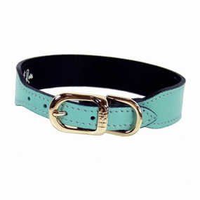 Italian Leather Dog Collar Turquoise/Gold