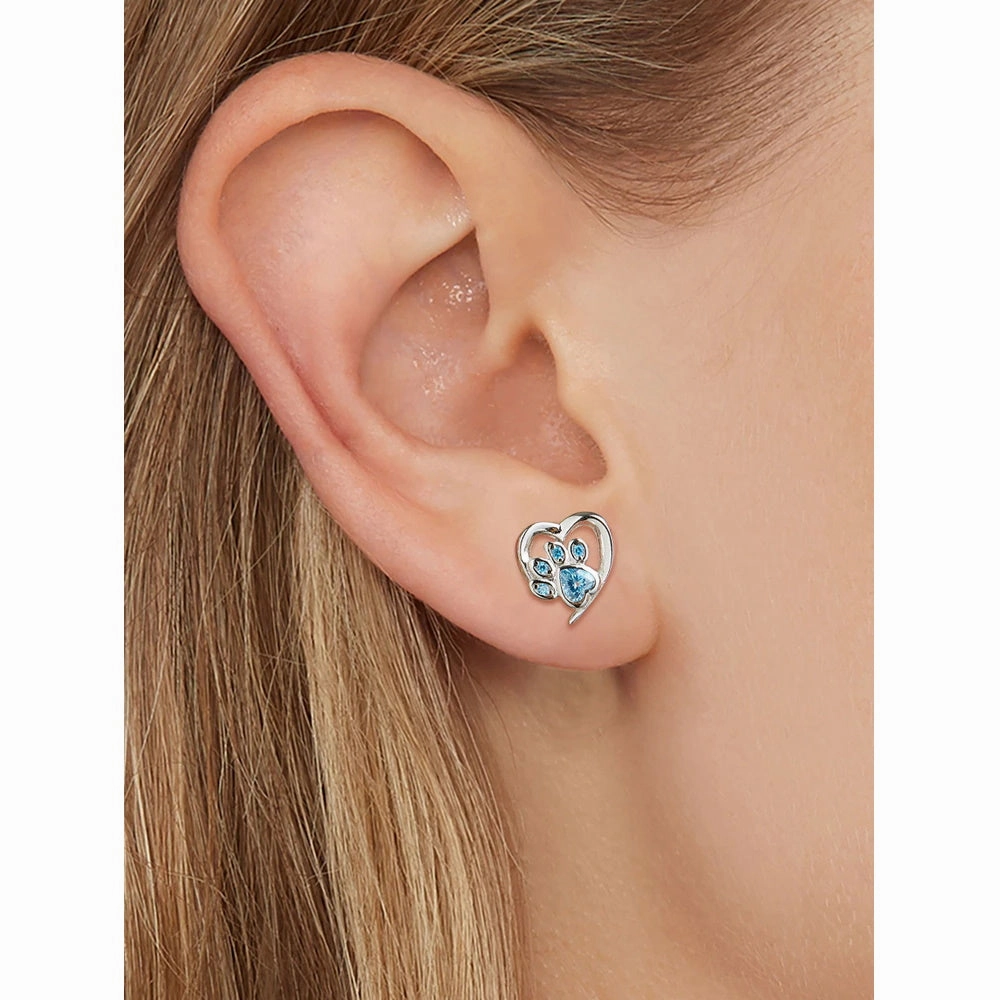 Love Heart Paw Sterling Silver Stud Earrings - Blue
