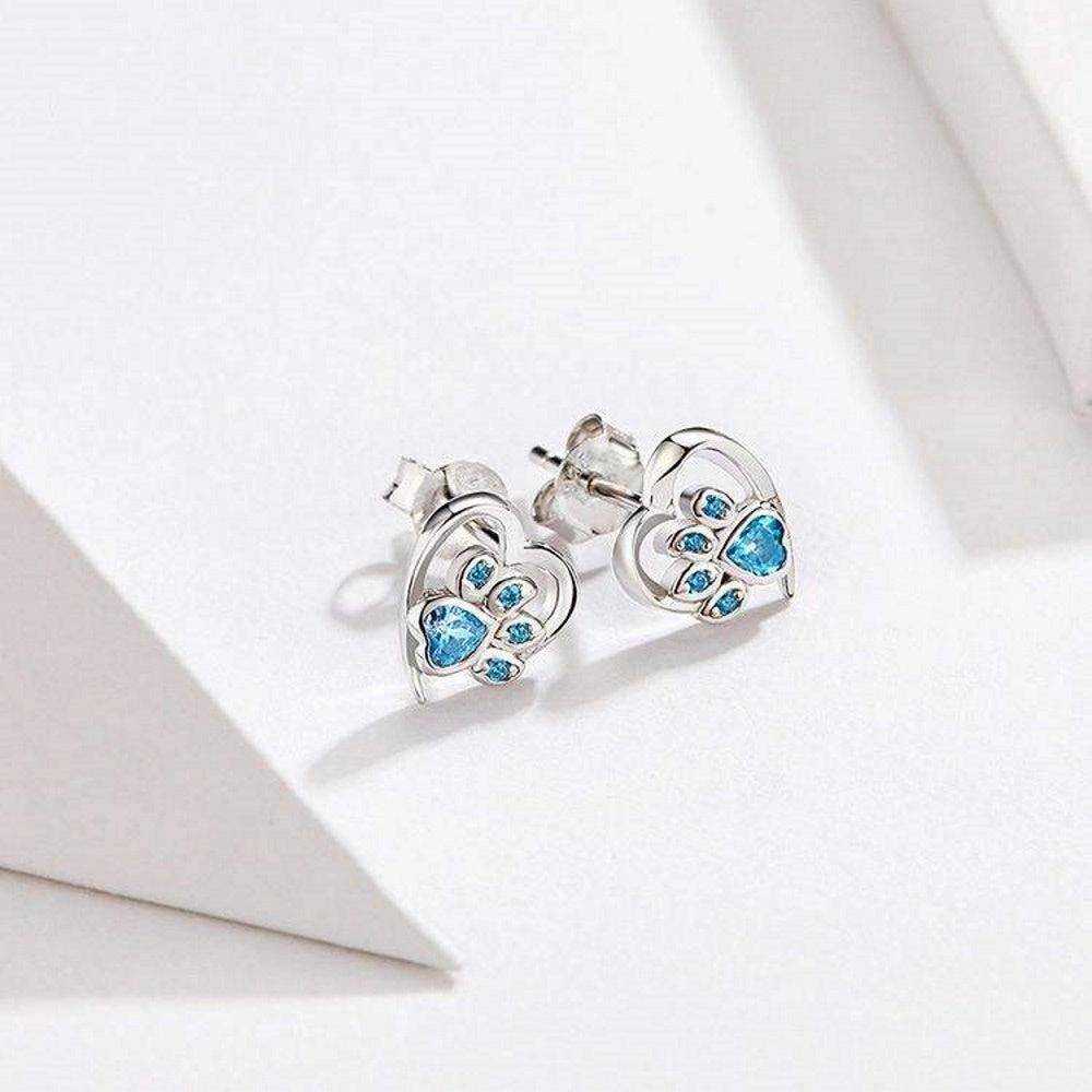 Love Heart Paw Sterling Silver Stud Earrings - Blue