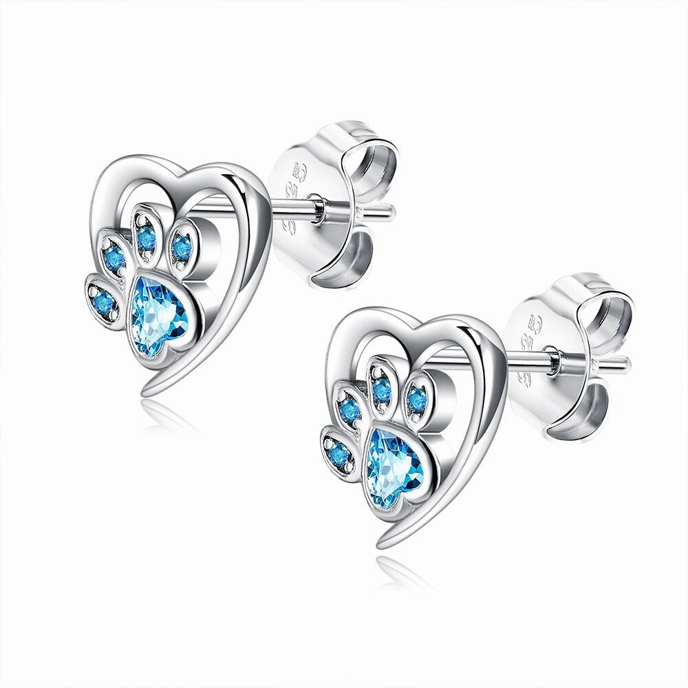 Love Heart Paw Sterling Silver Stud Earrings - Blue