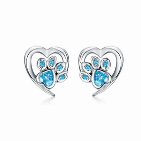 Love Heart Paw Sterling Silver Stud Earrings - Blue