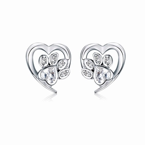 Love Heart Paw Sterling Silver Stud Earrings - Clear