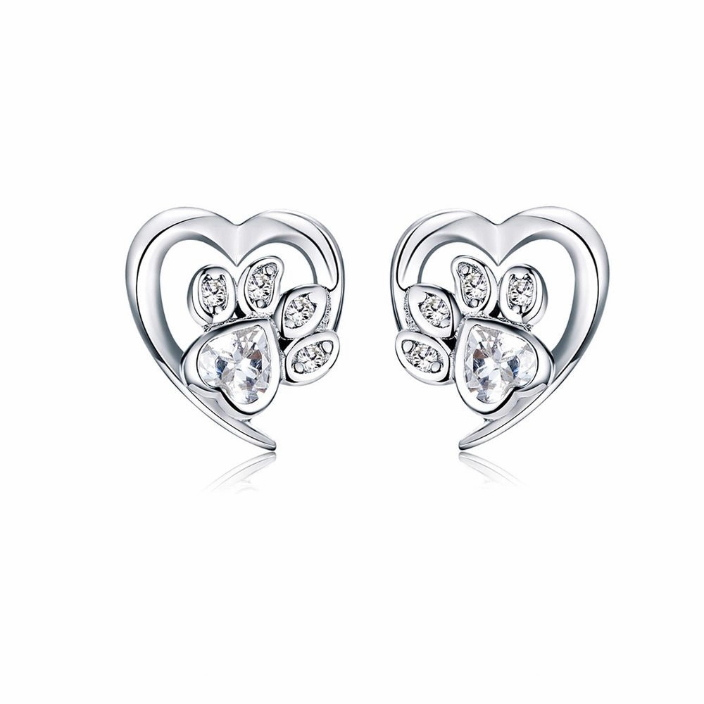Love Heart Paw Sterling Silver Stud Earrings - Clear