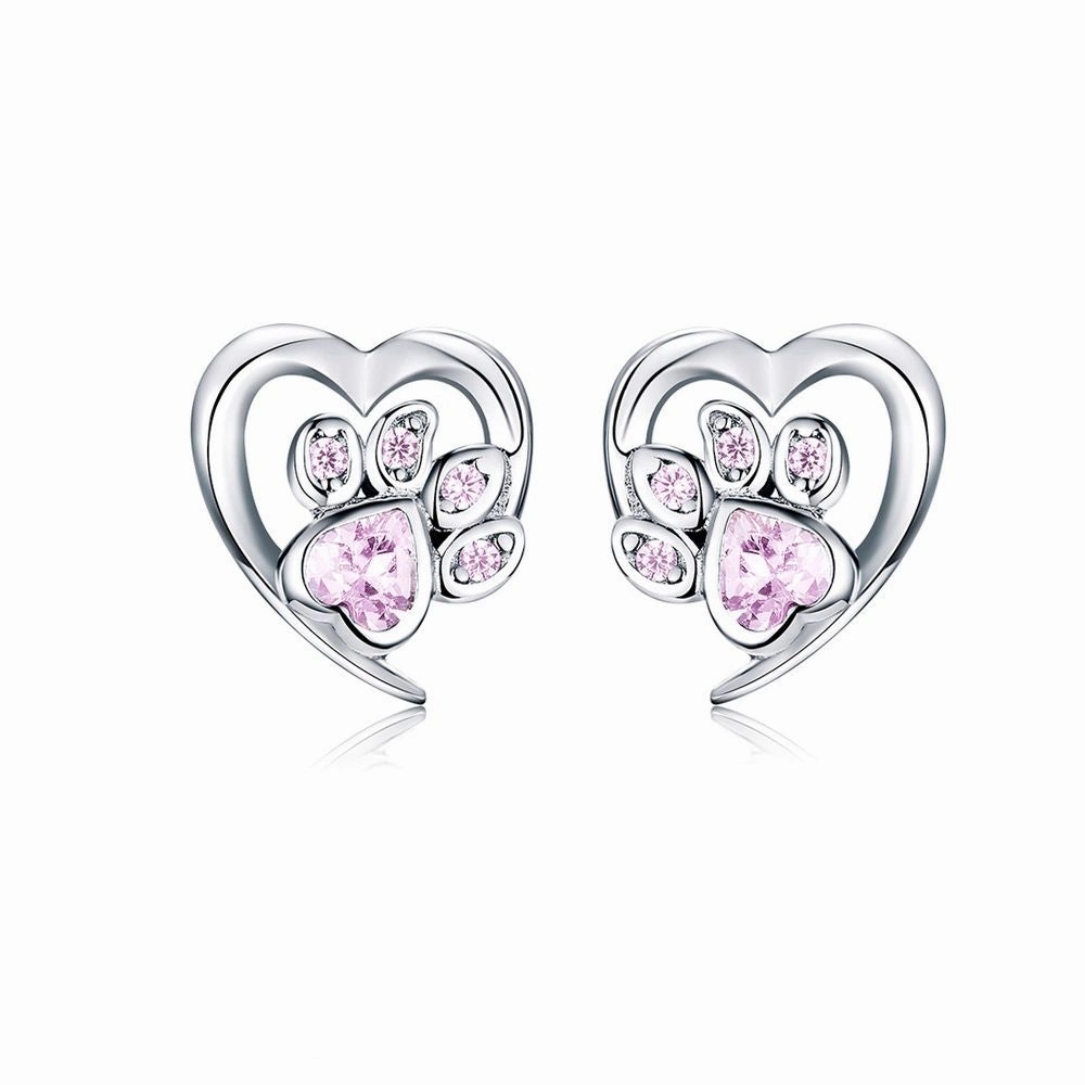Love Heart Paw Sterling Silver Stud Earrings - Pink