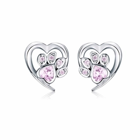 Love Heart Paw Sterling Silver Stud Earrings - Pink