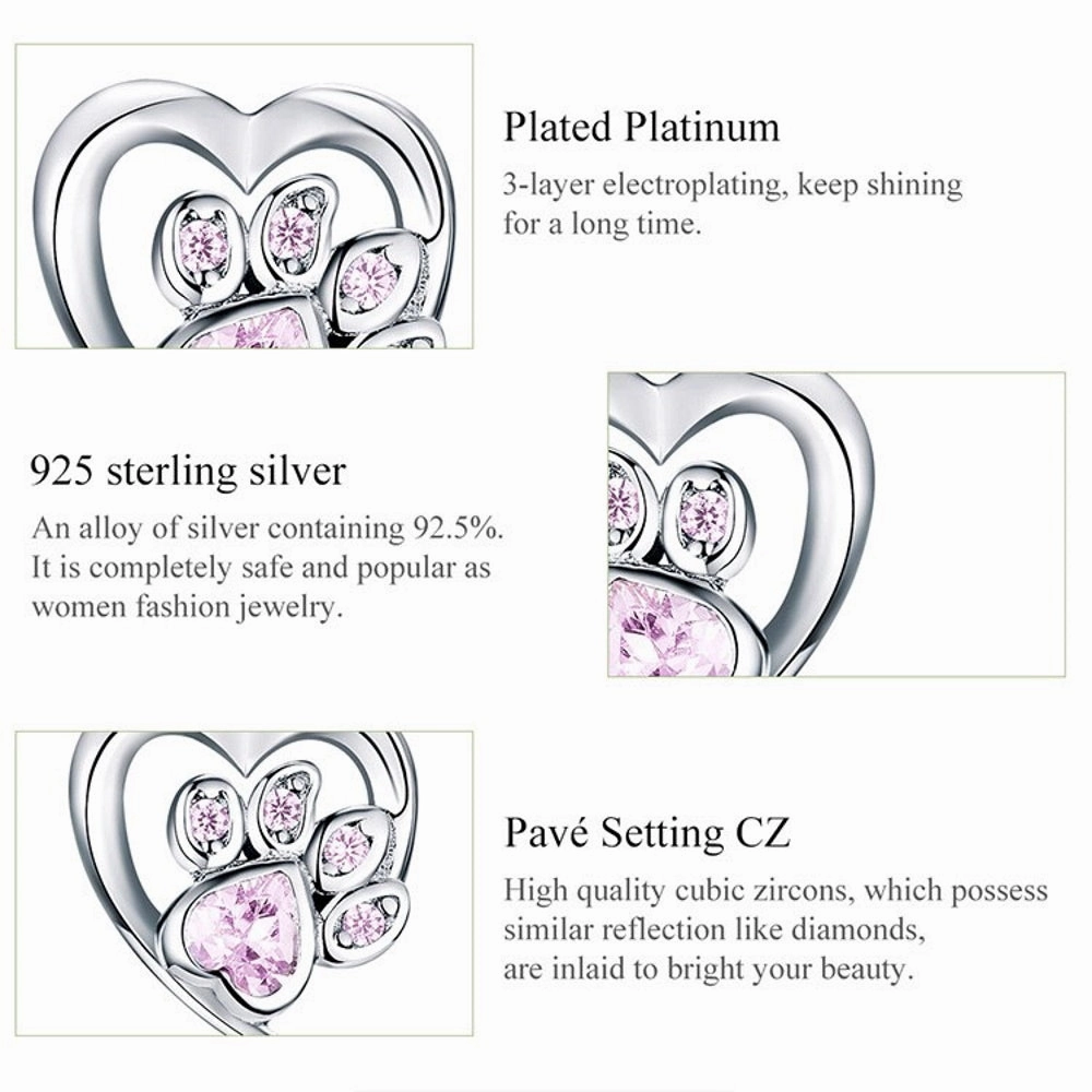 Love Heart Paw Sterling Silver Stud Earrings - Pink