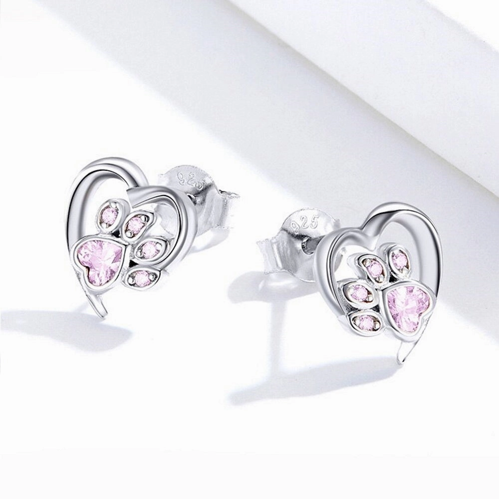 Love Heart Paw Sterling Silver Stud Earrings - Pink