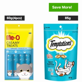 Me O Creamy Chicken & Liver and Temptations Tempting Tuna Flavor Cat Treats Combo