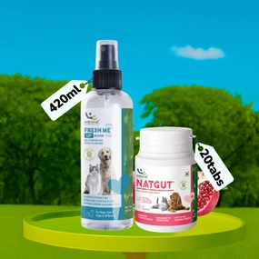Natural Remedies Natgut Digestive Tablets & Fresh Me Up Bloom Dry Shampoo Dogs & Cats Combo