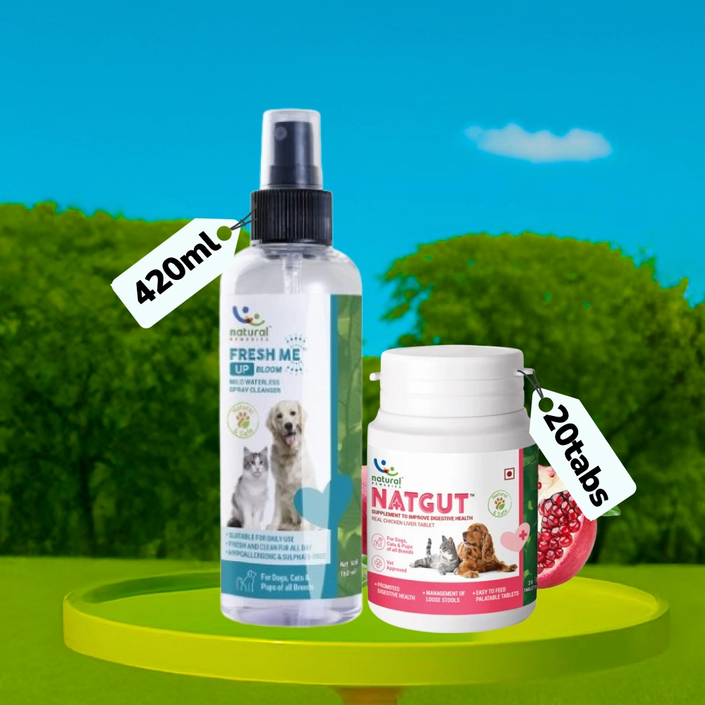 Natural Remedies Natgut Digestive Tablets & Fresh Me Up Bloom Dry Shampoo Dogs & Cats Combo