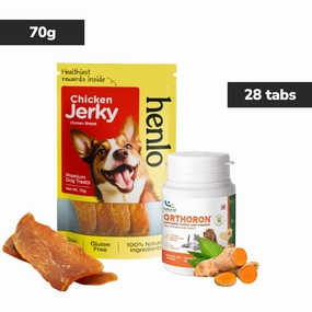 Natural Remedies Orthoron Joint Supplement Tablets & Henlo Chicken Jerky High Protein Treats Dog Combo