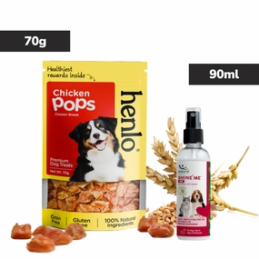 Natural Remedies Shine Me Up Hair Serum & Henlo Chicken Pops High Protein Treats Dog Combo