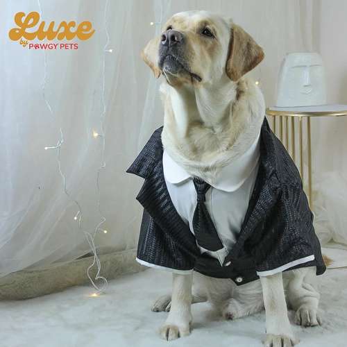 Pawgypets Luxe Shimmering Black Tie Tuxedo Dress for Dogs and Cats (Black)