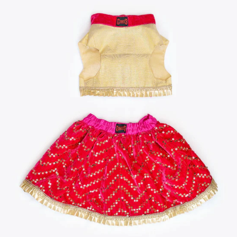 Pawgypets Velvet Lehenga for Dogs and Cats (Pink/Golden)