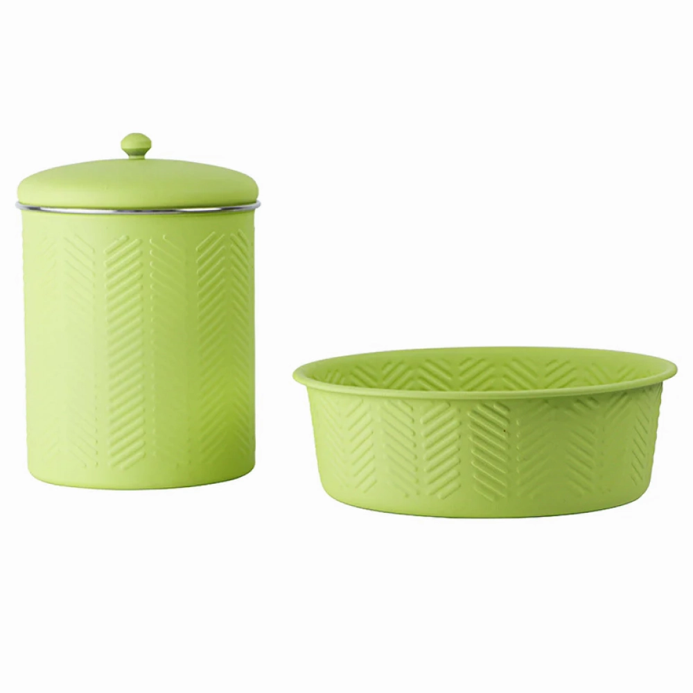 Pawpourri Chevron Emboss Treat Jar and Bowl Set for Dogs and Cats (Green)