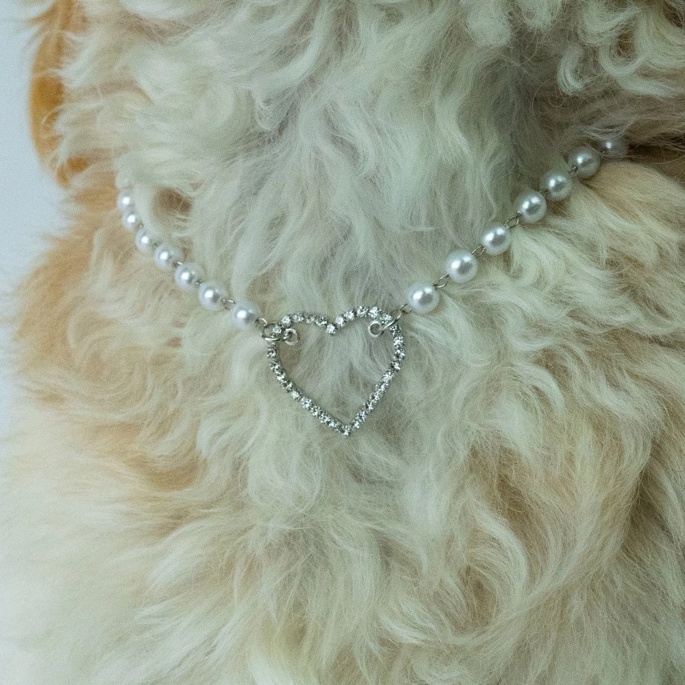 Pearl Diamante Heart Dog Necklace
