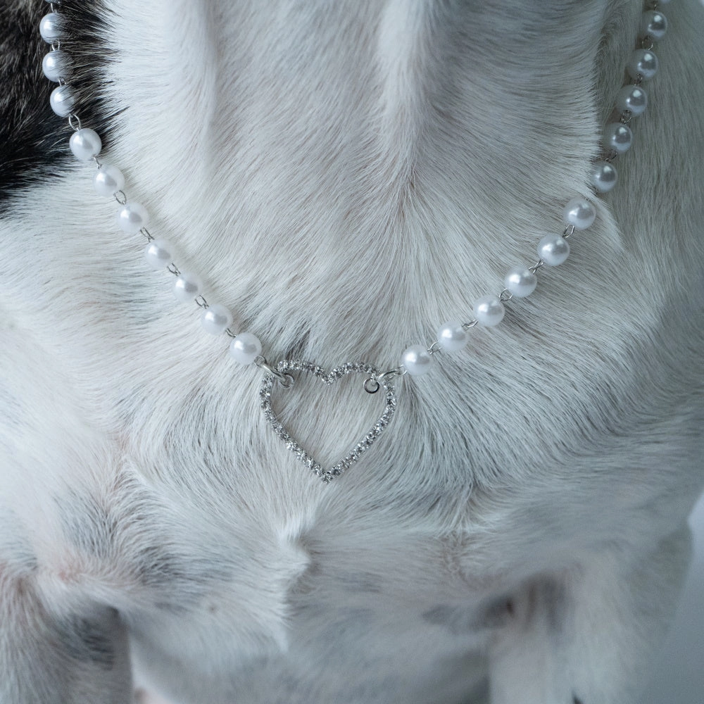 Pearl Diamante Heart Dog Necklace