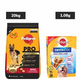 Pedigree PRO Active Adult Large Breed Dry Food, Pedigree Dentastix Oral Care Adult Dogs Treat Combo