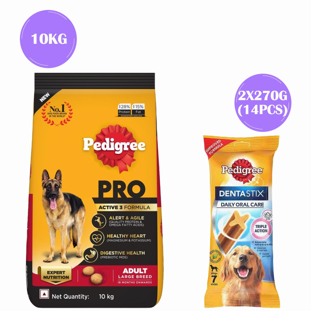 Pedigree PRO Expert Nutrition Active Adult (18 Months ) Large Breed Dry Food and Dentastix Oral Care for Adult (25 kg ) Combo for Dogs