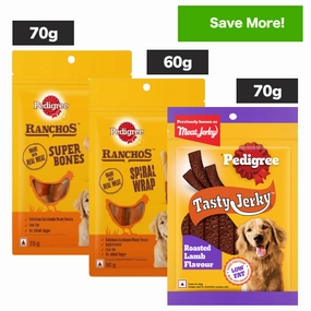 Pedigree Ranchos Super Bones Chicken & Milk, Spiral Wrap Chicken & Smokey Lamb and Roasted Lamb Tasty Jerky Dog Treats Combo